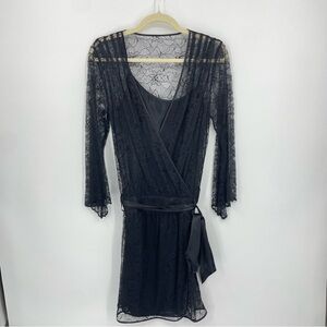 Mia Black lace slip dress bell sleeve belted Sz S‎ 100% silk sz 46 US 12